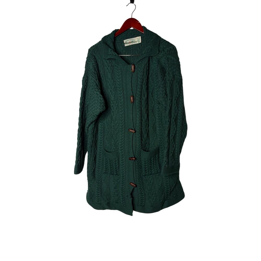 Vintage Aran Crafts Ireland XL 100% Merino Wool Forest Green Knit Coat Cardigan